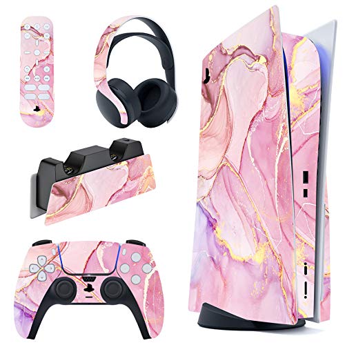 PlayVital Cosmic Pink Gold Marble Effect Full Set Skin Decal for ps5 Console Disc Edition, Sticker Cover for ps5 Controller & Charging Station & Headset & Media Remote - color: Cosmic Pink Gold Marble