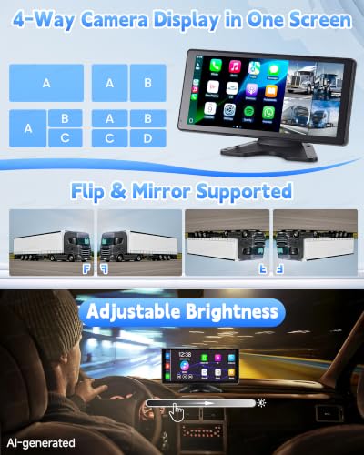 RV Camera System with CarPlay Android Auto 10.36 Inch Touch Monitor | 4 1080P wired IP69 backup cameras, BSD blind spot alert, 24H parking monitor, DVR recording, for semi truck trailer RV camper