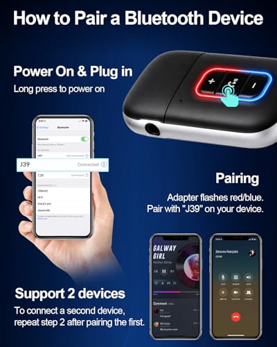 Aux Bluetooth 5.3 Adapter for Car, Bluetooth Receiver Aux Car Adapter, Auxiliar Audio Blue Tooth para Carro Wireless Dongle with 3.5mm Jack for Stereo Systems and Headphones