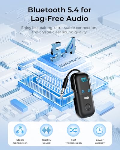 Bluetooth 5.4 Transmitter Receiver for 2 AirPods/Headphones, 2-in-1 Airplane Bluetooth Adapter with Mic for Hands-Free Calls, Low Latency, Wireless Audio Adapter for Travel Flight TV Speakers