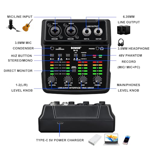 BOMGE M12 USB Audio Interface, 2-Channel Mixer, XLR/3.5mm Input, 48V Power Supply, Sound Card for PC Recording, Studio, Live Show, Karaoke, Plug&Play