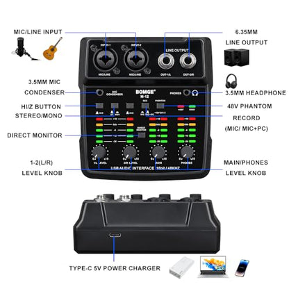 BOMGE M12 USB Audio Interface, 2-Channel Mixer, XLR/3.5mm Input, 48V Power Supply, Sound Card for PC Recording, Studio, Live Show, Karaoke, Plug&Play