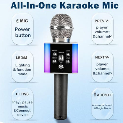 Wireless Bluetooth Karaoke Microphone for Kids & Adults, Singing Mic with Disco Lights, Voice Changer, Built-in Speaker, Portable Karaoke Player for Party & Travel Gifts(Silver) - color: Silver