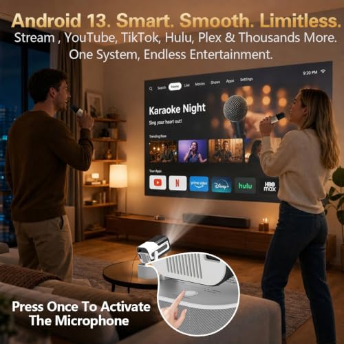 Projector with WiFi and Bluetooth, 1080P Projector for Bedroom | 180° Rotatable Smart Projector, 2 Wireless Microphones Included, Compatible with HDMI, USB, iOS, Android, Windows, TV Stick