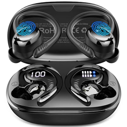 Hupoaf Wireless Earbuds Sport, NEW Bluetooth 5.4 Headphones with Earhooks, 50H Stereo Deep Bass Over Ear Buds with 4 ENC Noise Canceling Mics, IP7 Waterproof Earphones for Running Workout Gym -Black - color: A-Black