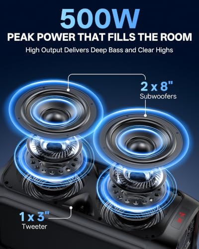 Karaoke Machine for Adults, 500W Bluetooth Speaker with Dual 8" Subwoofer - color: Matte black