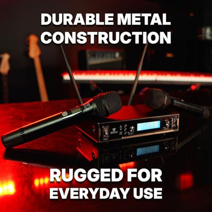 Rockville RWM-200 H2 Dual Handheld UHF Microphone System, 200 Channels, On-Mic 3-Band EQ & Echo, up to 500ft Range, XLR Outputs, Cardioid Mics, Full Metal Build, Ideal for Events, DJ, Karaoke | 200 Channels, XLR/1/4" Outputs, 500' Range, Metal Receiver, B