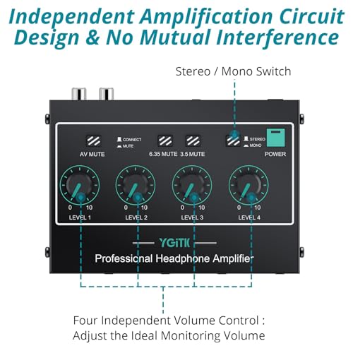 4 Channel Headphone Amplifier,Stereo Audio Amplifier Mixer with 3 Audio Inputs, Individual Mute & Volume Control, Mono/Stereo 1/4" & 1/8" TRS Output, Includes Power Adapter & Audio Cables - color: Black