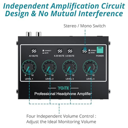 4 Channel Headphone Amplifier,Stereo Audio Amplifier Mixer with 3 Audio Inputs, Individual Mute & Volume Control, Mono/Stereo 1/4" & 1/8" TRS Output, Includes Power Adapter & Audio Cables - color: Black