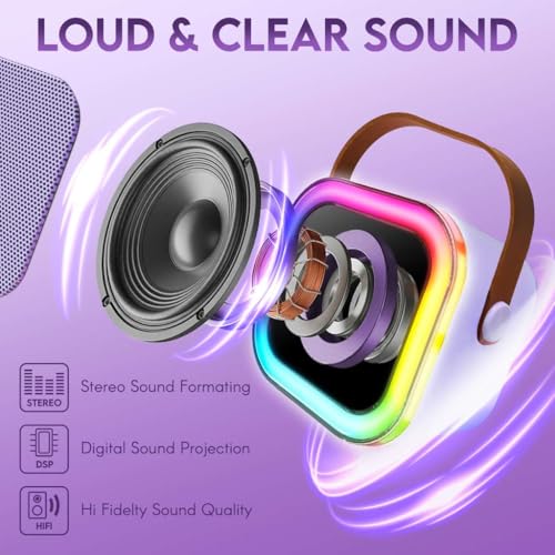 Karaoke Machine for Kids Adults, Portable Mini Bluetooth Speaker with 2 Wireless Microphones, LED Lights, Singing System for Family Home Party, Voice Changer, Boys Girls Karaoke Machine with Speaker - color: Purple