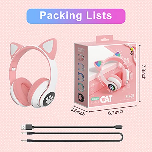 Kids Bluetooth Wireless Over-Ear Cat Ear Headphones with Microphone for Kids Teens Adults (Pink) | Over-Ear Cat Ear Headphones with Microphone - color: Pink