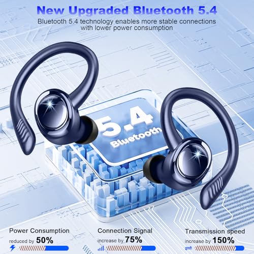 Rulefiss Wireless Earbuds Bluetooth Headphones Sport, 5.3 Immersive HiFi Stereo Over-Ear Buds, 48Hrs Earphones in Ear with Earhooks, HD Mic, IP7 Waterproof Headset for Workout Running (Blue) (Q38) - color: pure navy blue