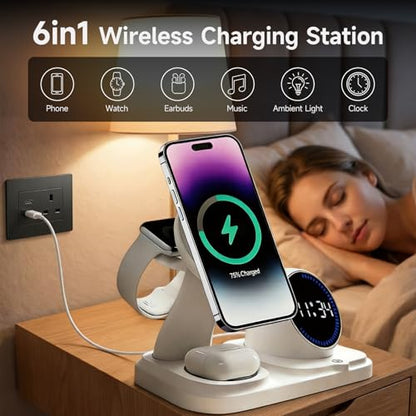 6‑in‑1 Wireless Charging Station with 30W Adapter, Blue-Tooth Speaker, Auto‑Sync Clock & RGB Night Light, Compatible with iPhone 12‑17/AirPods/Apple Watch and Select Android (Qi + Magnetic Required) - color: White