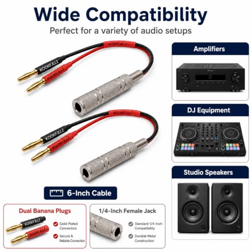 Speaker Cable - 1/4 Inch to Banana Plug Adapter Cable (6-inch) - Gold Plated Audio Connector for Amplifiers, DJ Equipment & Studio Speakers(2-Pack)