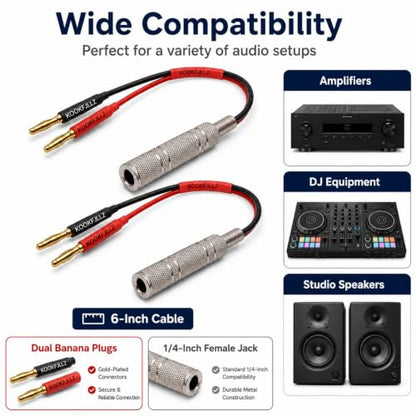 Speaker Cable - 1/4 Inch to Banana Plug Adapter Cable (6-inch) - Gold Plated Audio Connector for Amplifiers, DJ Equipment & Studio Speakers(2-Pack)
