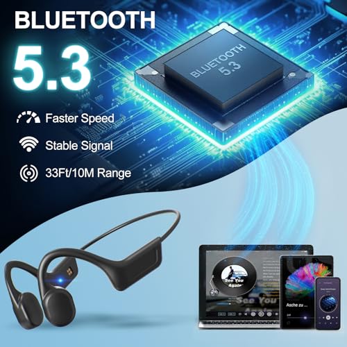 Bone Conduction Headphones,Waterproof IP68,Wireless Bluetooth 5.3 Earphones with Microphone, Built-in 32GB MP3 Open Ear Bluetooth Headphones for Running (Matt Black) - color: Matt Black