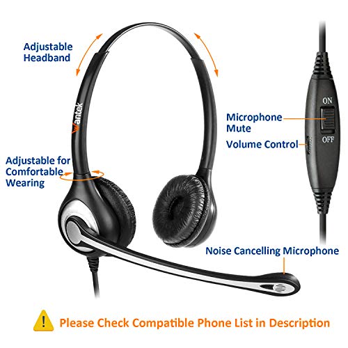 Wantek RJ9 Telephone Headset Dual with Noise Cancelling Mic, Quick Disconnect, Work for Yealink T42G T46G T48G T21P T41P Avaya 1608 9608 9611G 9650 Grandstream Cisco Snom Panasonic KXT Phones(602QY1)