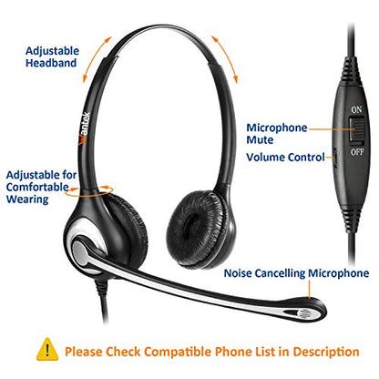 Wantek RJ9 Telephone Headset Dual with Noise Cancelling Mic, Quick Disconnect, Work for Yealink T42G T46G T48G T21P T41P Avaya 1608 9608 9611G 9650 Grandstream Cisco Snom Panasonic KXT Phones(602QY1)