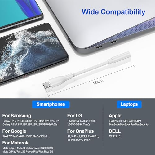USB C to 3.5mm Headphone Adapter for Samsung Galaxy S26 S25 Ultra S24FE S23 | 3.5mm to usb c Audio AUX Mic Jack Adapter Dongle Cable for Google Pixel 10A 10 Pro Fold XL 9 Rro XL 8 Pro,iPhone 17 16 15 Pro - color: White