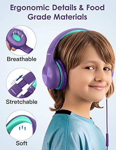 Nabevi Headphones for Kids for School, Kids Headphones with Microphone, Sharing Function, 85dB/94dB Safe Volume Limit, HD Sound, Over Ear Kid Headphone for School, On-line Study, Travel, Purple - color: Purple