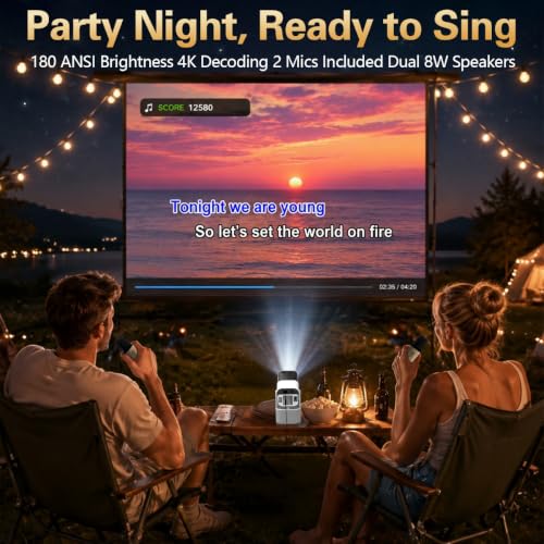 Projector with WiFi and Bluetooth, 1080P Projector for Bedroom | 180° Rotatable Smart Projector, 2 Wireless Microphones Included, Compatible with HDMI, USB, iOS, Android, Windows, TV Stick