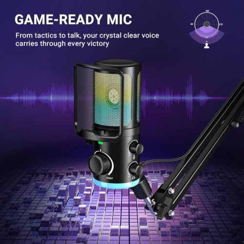 FIFINE AM6T Gaming USB Condenser Mic for PC | ChatMix Dial (Balance Game & Chat Audio), Noise Cancellation, RGB, Quick Mute, Gain Knob, Boom Arm for Streaming on Twitch