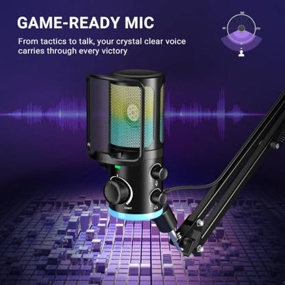 FIFINE AM6T Gaming USB Condenser Mic for PC | ChatMix Dial (Balance Game & Chat Audio), Noise Cancellation, RGB, Quick Mute, Gain Knob, Boom Arm for Streaming on Twitch