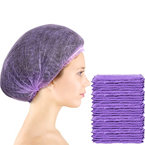 100 Pcs Disposable Nonwoven Bouffant Caps 21 Inch Hair Net Elastic Cap Hair Cover Hats for Beauty Salon Hospital Spa Catering Dust-free Workspace(Purple) - color: Purple