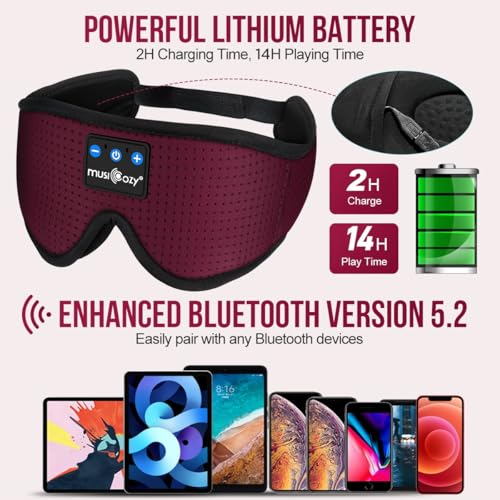 MUSICOZY 3D Sleep Headphones Bluetooth 5.4 Breathable Sleep Eye Mask | Cooling Fabric Lining with Blackout Design for Side Sleeper, HD Stereo Sound, 14 Hours Playtime for Sleep, Travel, Relaxation - color: Maroon Red