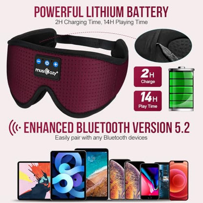 MUSICOZY 3D Sleep Headphones Bluetooth 5.4 Breathable Sleep Eye Mask | Cooling Fabric Lining with Blackout Design for Side Sleeper, HD Stereo Sound, 14 Hours Playtime for Sleep, Travel, Relaxation - color: Maroon Red