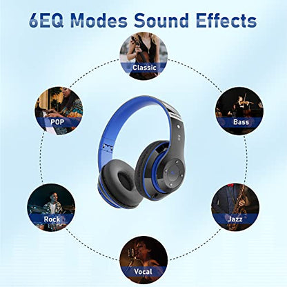 Bluetooth Headphones Over Ear, 6S Foldable Wireless Headphones with 6 EQ Modes, 40 Hours Playtime HiFi Stereo Headset with Mic, Soft Ear Pads, TF/FM for Cellphone/PC/Home (Black & Blue) - color: Black & Blue