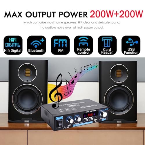 AK35 Stereo Amplifier Home Audio Bluetooth 5.0 Max 200W 2.0 Channel Mini Amplifier Stereo Receivers for Car, Home Party, Audio Amplifier AMP w/USB/TF Card/AUX Input/Bass & Treble Control - size: AK35