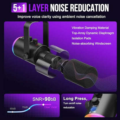 Dynamic Microphone, USB-C/XLR Podcast Recording PC Microphone for Podcast Recording Streaming Gaming with RGB Light, Mute Button, Desktop Stand, Headphones Jack, Vocal Mic for Singing Tiktok YouTube