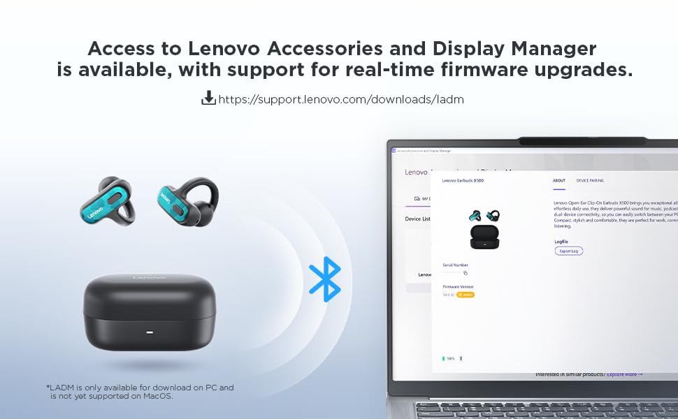 Lenovo Open Ear Clip On Earbuds X500 Bluetooth 6.0 Wireless Earbuds with 11 mm Drivers, Open Ear Ergonomic Design, Dual Device Connectivity, Built in Mic, Fast Charge, White - color: White