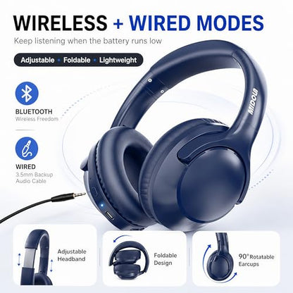 Bluetooth Headphones Wireless 68H with Mic,Decent Sound-Acceptable Blue | Adjustable Headband Foldable Over-Ear Lightweight for Office/Travel/Tablet/iPad/Laptop,HD Stereo Sound,Aux 3.5mm,D-Blue - color: Blue