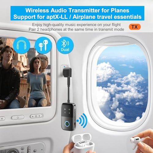 2025 Premium 3 in 1 Bluetooth Audio Transmitter Receiver with aptX Adaptive for up to 2 AirPods or Bluetooth Headphones, Wireless Audio Adapter Supports Any 3.5mm Jack on Airplane, Gym, TV, Car, Home