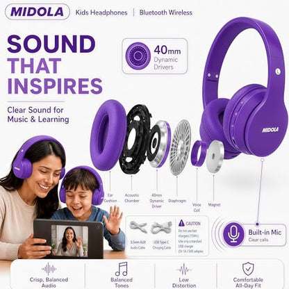 Kids Bluetooth Headphones Wireless 68 Hours,Safe Volume Limit 85/94dB | Adjustable Headband Foldable Over-Ear Lightweight Headsets for Toddler Girls Boys Tablet/iPad,HD Stereo,Built-in Mic,Purple - color: Purple