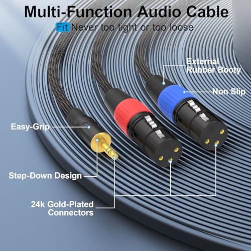 HOSONGIN 3.5mm TRS to Dual XLR Female Cable 6FT, Braided Stereo Audio Splitter for Podcast, DSLR Camera, Mic, Mixer, Interface – Durable Nylon, Noise-Free, Left/Right Channel Adapter Cord