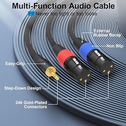 HOSONGIN 3.5mm TRS to Dual XLR Female Cable 6FT, Braided Stereo Audio Splitter for Podcast, DSLR Camera, Mic, Mixer, Interface – Durable Nylon, Noise-Free, Left/Right Channel Adapter Cord