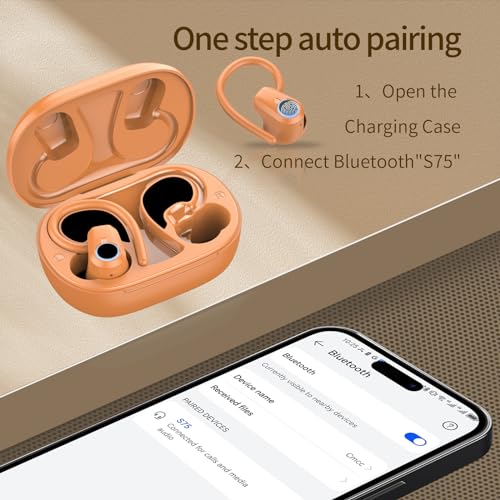 Wireless Earbuds, Headphones Sport Bluetooth 5.4, Over Ear Buds with ENC Noise Canceling Mic, Deep Bass Stereo Earphones with Hook, 50H Playback, LED Display Ear Buds for Workout Running, Deep Orange | 50H Playback, IP7 Waterproof Earphones for Workout R