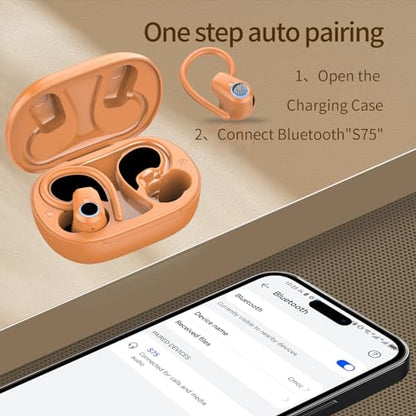 Wireless Earbuds, Headphones Sport Bluetooth 5.4, Over Ear Buds with ENC Noise Canceling Mic, Deep Bass Stereo Earphones with Hook, 50H Playback, LED Display Ear Buds for Workout Running, Deep Orange | 50H Playback, IP7 Waterproof Earphones for Workout R