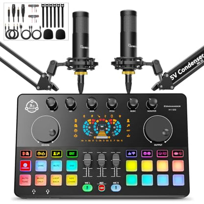 M100 Podcast Equipment Bundle for 2,Audio Mixer with 3.5mm Condenser Mics | Plug‑and‑Play,for PC and phone,OBS,Ideal for 2‑person Live Streaming,Gaming,Podcast Recording,Singing,Content Creation