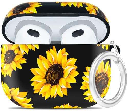 Compatible with Airpods 3rd Generation Case - Wonjury Protective Hard Compatible with Airpods 3 Case Cover with Cleaner Kit Women Girls Keychain, Sunflower - color: Sunflower