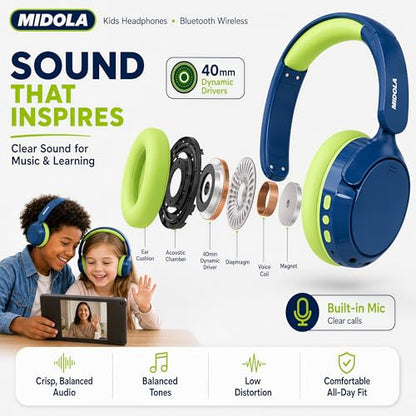 Kids Bluetooth Headphones Wireless,ANC, 68H,Safe Volume Limit 85/94dB Blue | Active Noise Cancelling,Adjustable Headband Foldable Over-Ear for Toddler Girls Boys Tablet/iPad,HD Stereo,Built-in Mic,Green - color: Deep Blue