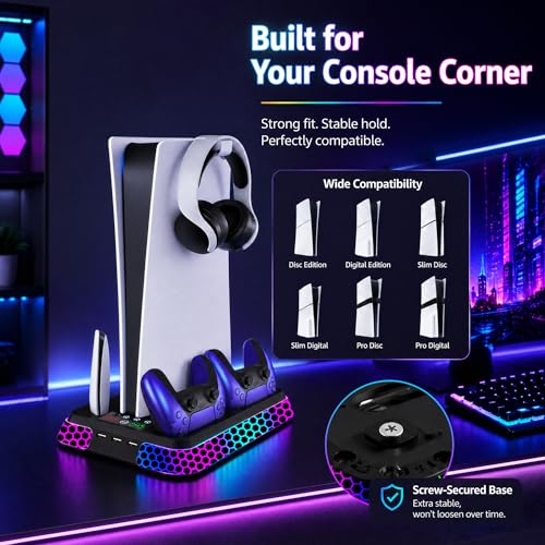 PS5 Stand with Hexagon RGB Aesthetics,PS5 Cooling Station for PlayStation 5 Slim Pro Disc Digital Console with Cooling Fan,Dual Controller Fast Charger USB Hub Headset Holder Game Storage (Black)