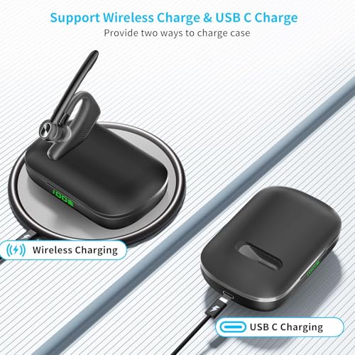 Bluetooth Headset Wireless Earpiece Single Ear Headset with Microphone | 180H Playtime 1000mAh Charging Case Wireless Charging LED Display Handsfree for iPhone Android PC Computer Trucker Drivers - color: Black