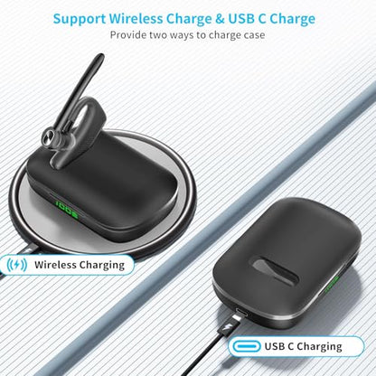 Bluetooth Headset Wireless Earpiece Single Ear Headset with Microphone | 180H Playtime 1000mAh Charging Case Wireless Charging LED Display Handsfree for iPhone Android PC Computer Trucker Drivers - color: Black