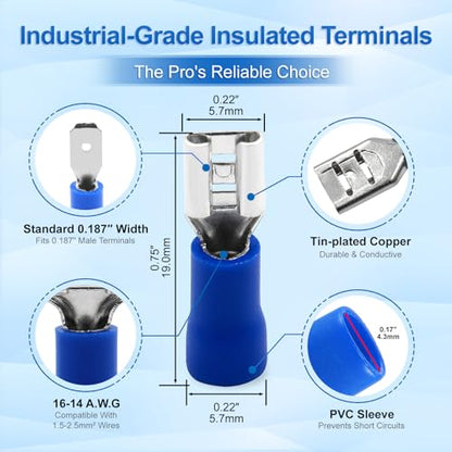 Baomain 100-Pack 0.187" Female Quick Disconnect Spade Terminals, 16-14 AWG 4.8mm (3/16 inch), Insulated Crimp Connectors Blue - size: Female