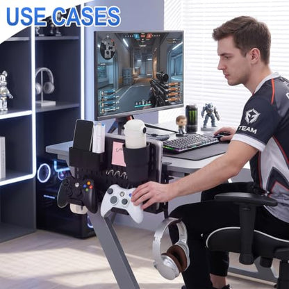 Desk Side Storage Organizer Set Fits Edge 0.2-2.2",Double,Black | No Drill Clamp on Desk Organizer with Laptop Holder Cup Holder Pen Cup Headphone Hanger and Magnetic Hooks - color: Black, style: Double