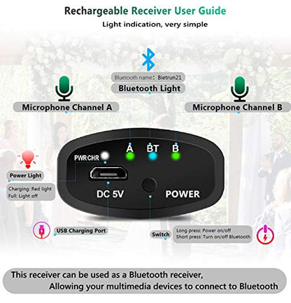 Wireless Microphone with Bluetooth, Professional UHF Dual Handheld Dynamic Metal Mic System Set with Rechargeable Receiver, 160 ft Range, 1/4''Output, for Karaoke Machine, Singing, Amp, PA Speaker